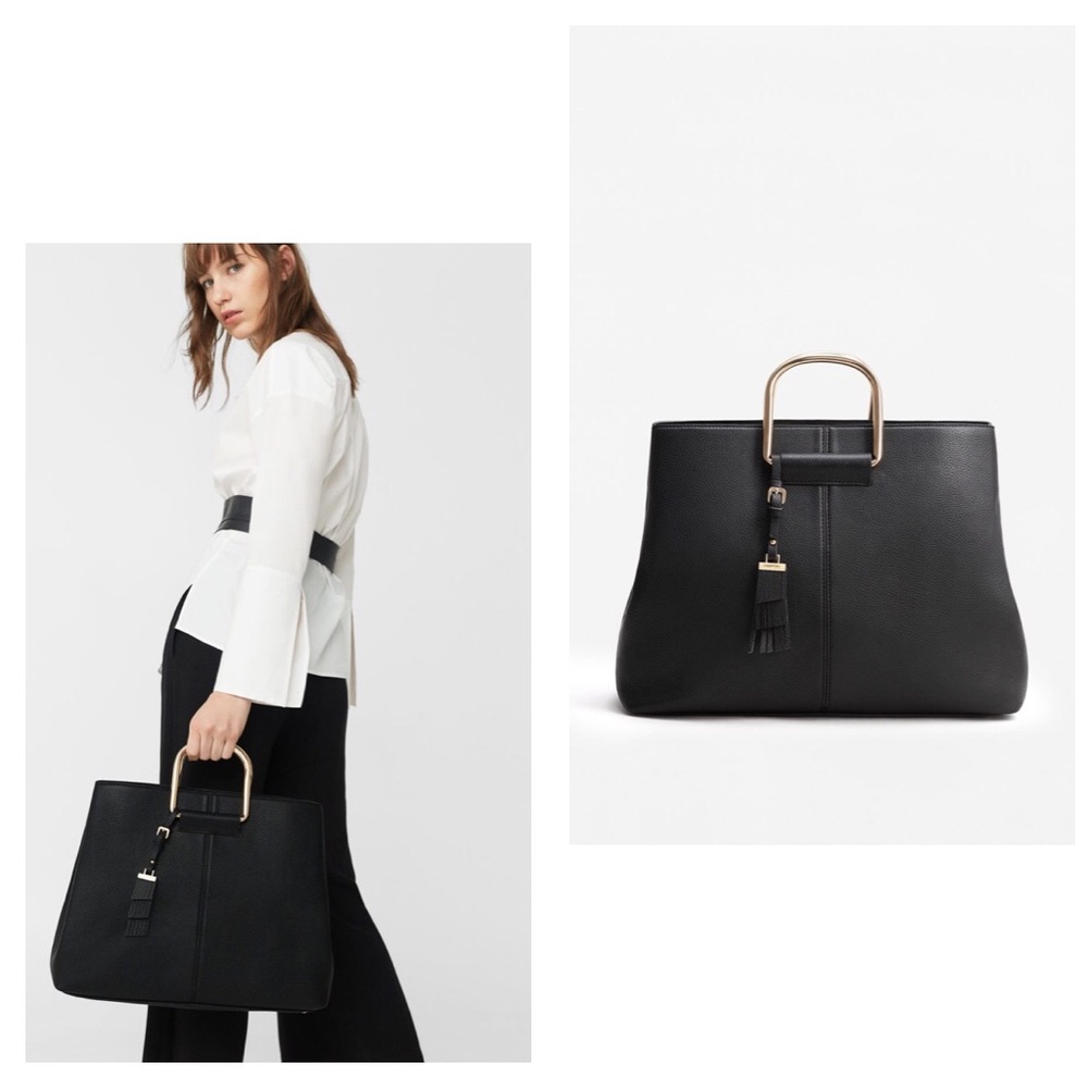 Mango Black Tote with Gold-Tone Top Handles